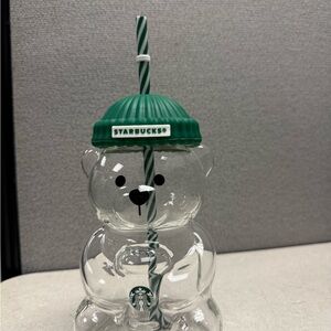 Starbucks Bearista Clear Bear Cup with Green Lid and Straw